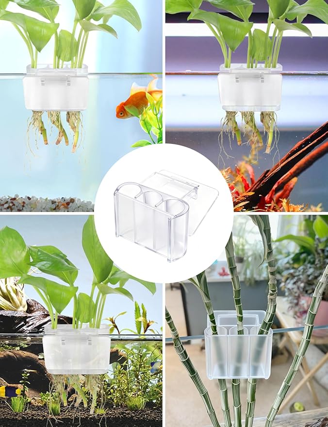 sogiv 3 Holes Aquatic Plant Cups, Hanging Aquarium Plant Holder for Fish Tank Plants Potting, Aquascape Accessories Decorations, Clear, 2 Pcs