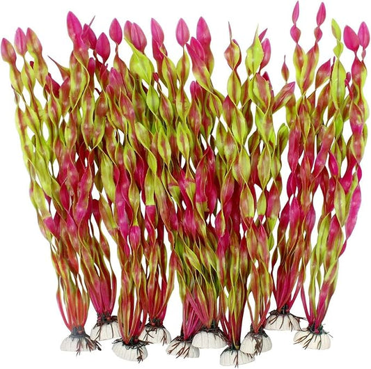 Artificial Aquarium Plants, Green Plastic Fish Tank Decorations, 12 Inch Tall Water Plants with Stable Base, 10 Pack, Safe for Fish (Pink)