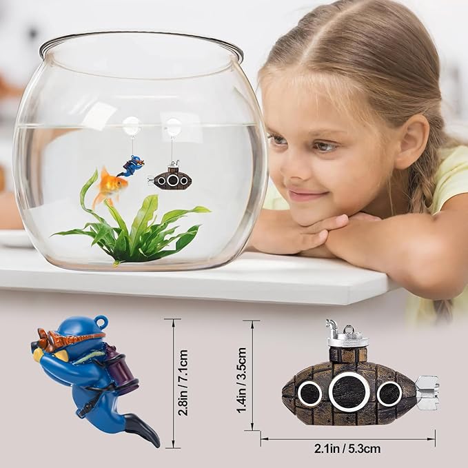 CousDUoBe 2.1 in Mini Floating Submarine Fish Tank Decoration Set，Cute Retro Submarine Set and Floating Diver,Aquarium Decorations Resinous Betta Fish Tank Accessories
