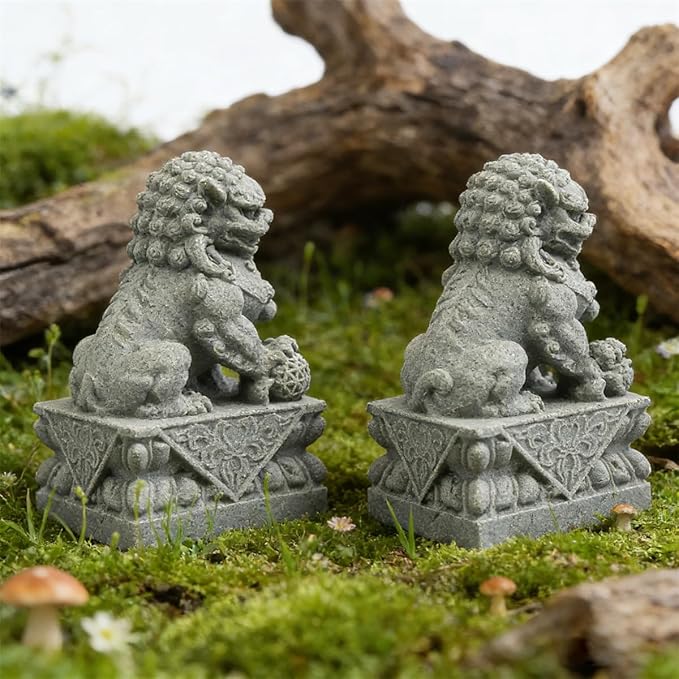 livelyfish Asian Fu Foo Dogs Statues Mini Pair of Two Guardian Lion Sandstone Figurine Pets Fish Tank Aquarium Landscape Ornaments Accessories Feng Shui Decorations (M2)