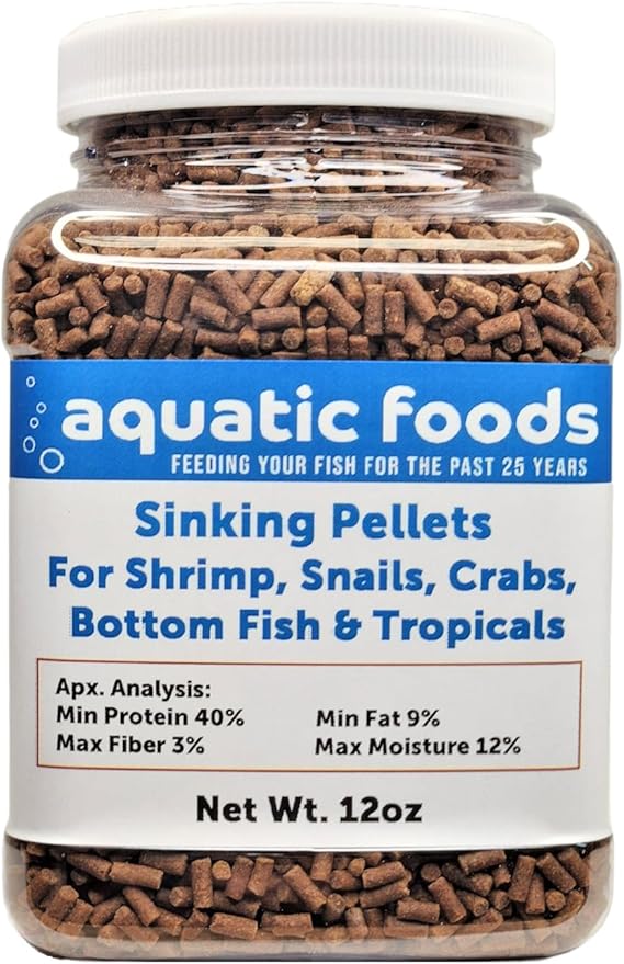 Shrimp Pellets, 40% Protein Sinking Pellets, 1/16" x 3/8" for Shrimp, Snails, Crabs, Catfish, Plecos - 12oz Jar