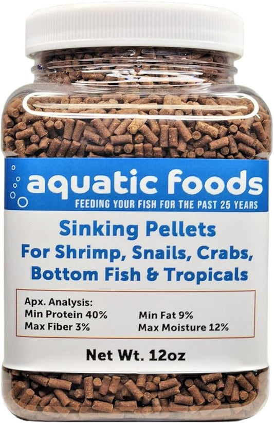 Shrimp Pellets, 40% Protein Sinking Pellets, 1/16" x 3/8" for Shrimp, Snails, Crabs, Catfish, Plecos - 12oz Jar