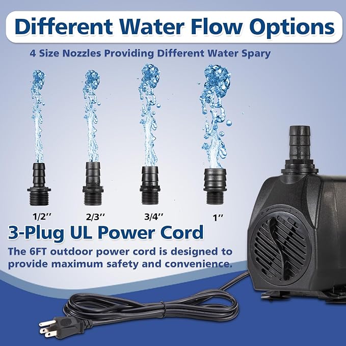 800GPH Submersible Water Pump(3000L/H 60W), Adjustable Ultra Quiet Fountain Pump with 4 Nozzles 10ft High Lift for Aquarium, Fish Tank, Pond, Waterfall, Outdoor, Hydroponics