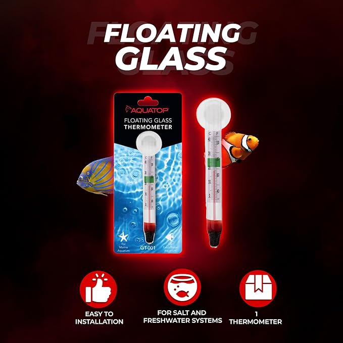 Aquatop Floating Glass Aquarium Thermometer with Suction Cup – Safe Temperature Range Indicator - for Fresh & Saltwater Tanks – Easy to Read & Install
