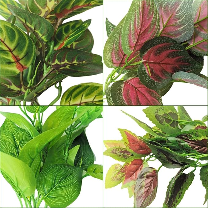 PINVNBY Reptile Terrarium Plants Hanging Artificial Lizards Habitat Climbing Decorations with Suction Cup Pets Tank Fake Green Plastic Ornament for Amphibians Bearded Dragons 6PCS…