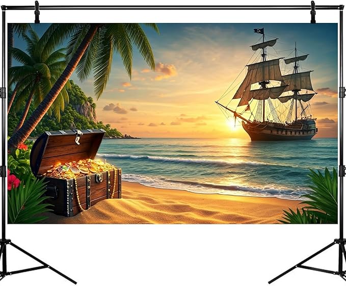 Beach Aquarium Background Pirate Ship Tropic Island Treasure Chest Fish Tank Background Sunset Vintage Pirates Sailing Old Ship Ocean Seascape Terrarium Backgrounds for Tank Backgrounds Decors 72x18in