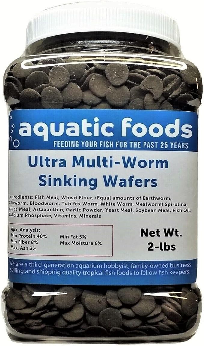 Aquatic Foods Ultra Multi-Worm 12mm - 1/2'' Sinking Wafers of 6-Types of Worms. Ideal for Bottom Fish, Plecos, Shrimp, Snails, Crayfish, All Herbivorous & Omnivorous Tropical Fish... 2-lb Jar