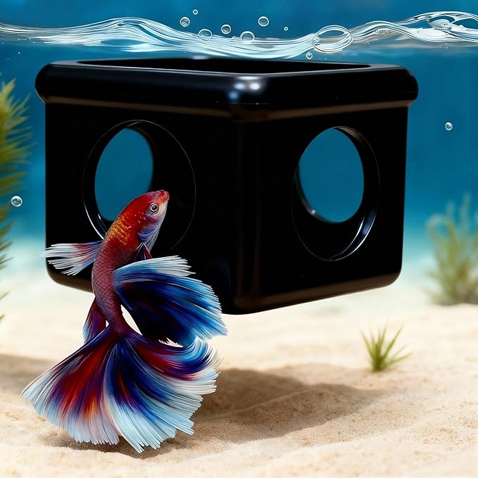 Black Floating Betta Fish Hideout with Round Holes & Window – Floating Cave Hammock, Feeding Platform & Resting Tunnel – Betta Fish Shelter for Nano Tanks, Bowls & Small Aquariums
