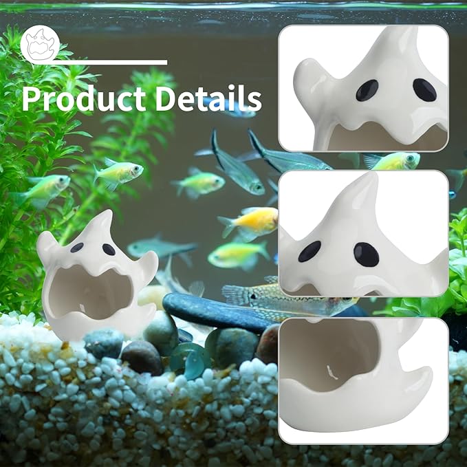 RUIAN Ghost Ceramic Aquarium Hideout, Smooth White Ceramic Decoration for Fish Tank and Small Pets Like Hamsters, 125x75mm, Ideal Gift