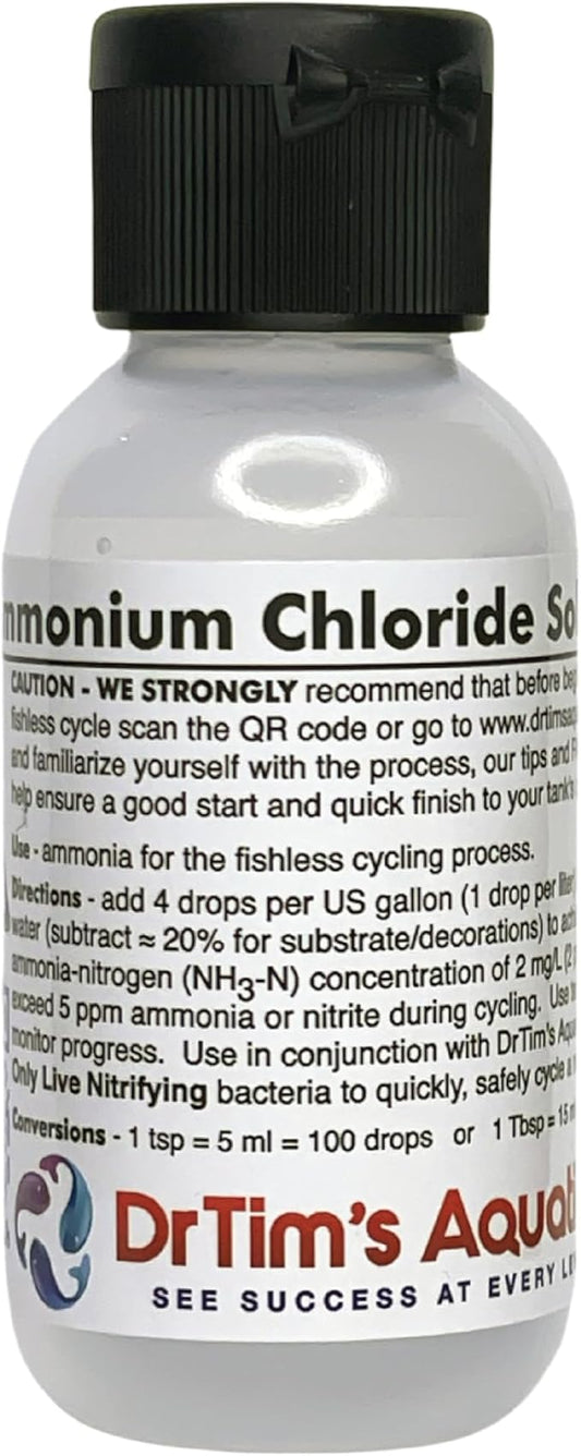 Dr. Tim’s Aquatics Ammonium Chloride Aquarium Treatment for Fishless Cycling – Chlorine Free, Fish Tank Cleaner for Saltwater, Freshwater, Reef Aquariums – 100% Natural – 2 Oz.