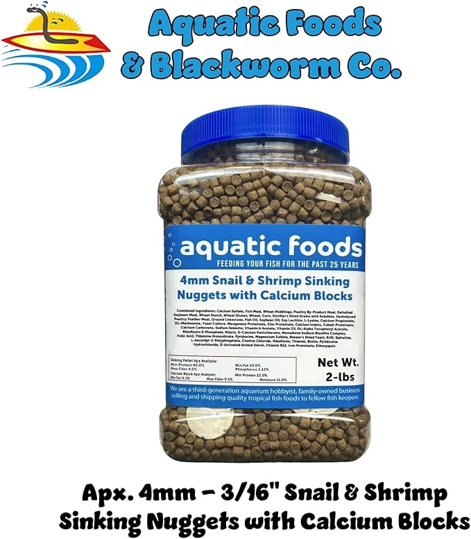 Calcium Blocks Included in Snail & Shrimp 4mm Sinking 40% Protein Nuggets. Ideal for All Snails, Shrimp and Bottom Tropical Fish…2-lbs Jar