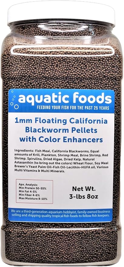 1 mm Floating Blackworm Pellets with Color Enhancers & Vitamins. Great for All Tropical Fish, Marine Fish, Cichlids, Carnivores, Discus, Coldwater Fish, Koi & Pond Fish…3-lb 8oz Lg Jar