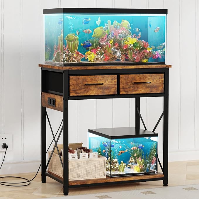 20-29-37Gallon Fish Tank Stand with Power Outlet, Heavy Duty Metal Aquarium Stand with Two Storage Drawers for Fish Tank Accessories Storage, Perfect for Turtle Tank, Reptile Terrarium, Brown