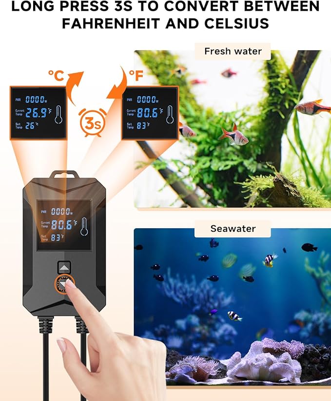 AQQA Aquarium Heater 800W/1000W/1200W/1400W Fish Tank Heater with LED Digital Display 110-120V Submersible No Pond Heaters with Overheat & Dry-Out Protection for Freshwater & Saltwater Tanks (800W)
