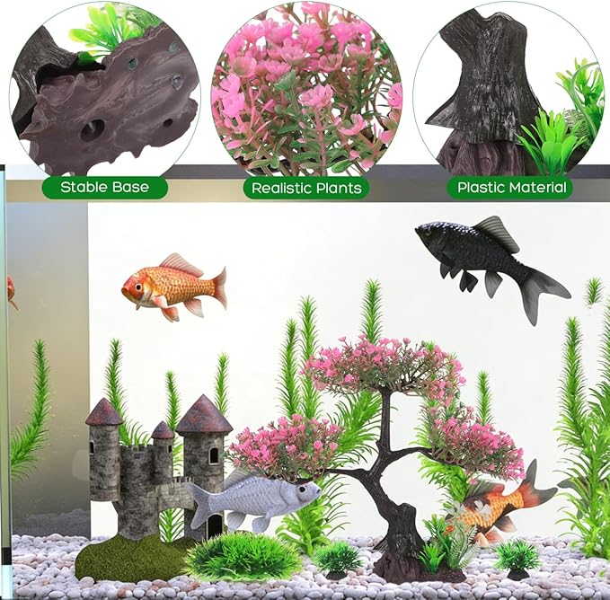 Kisangel Artificial Aquascaping Plants Kit, Pink Bonsai Tree Fake Plastic Ornaments, Japanese Style Décor for Fish, Turtle & Axolotl Habitats, 11.4" x 9.4"