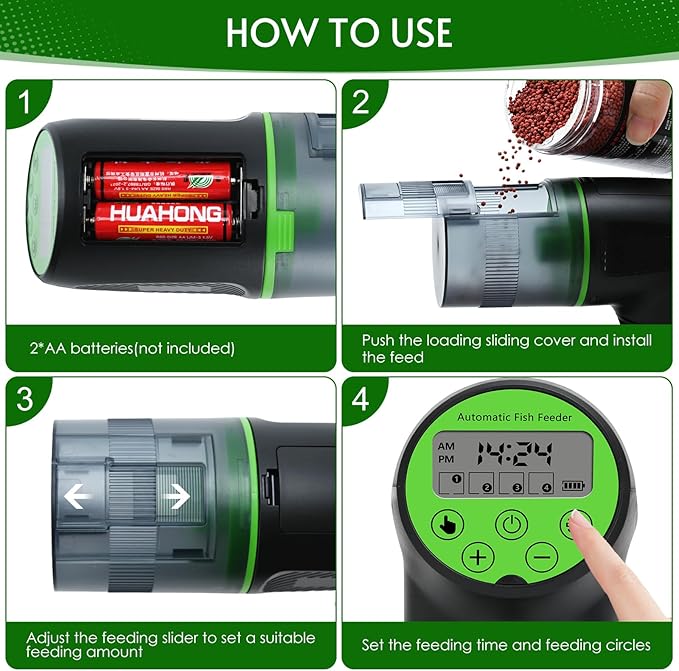 Podazz Automatic Fish Feeder, Electric Auto Timer Fish Food Dispenser with Moisture-Proof Feature, Suitable for Aquarium or Tank, Ideal for Vacation Weekend - Green