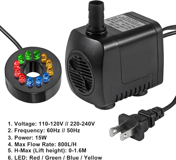 Submersible Water Fountain Pump 15W with LED Lights Aquarium Fish Tank Water Pump 260GPH for Aquarium Pond Statuary Gardens Water Feature Outdoor Fountain