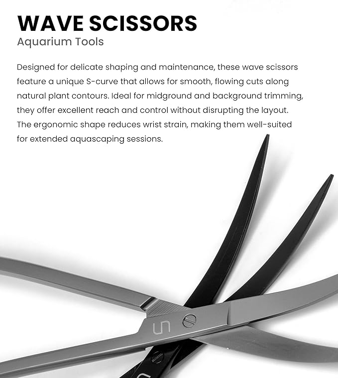 UNS Aquascaping Tools - Stainless Steel, Rust Resistant, Freshwater Planted Tank, Saltwater Reef Aquarium Maintenance Accessory - Trimming Stems & Carpets, Coral Cutting - Wave Scissors, Black