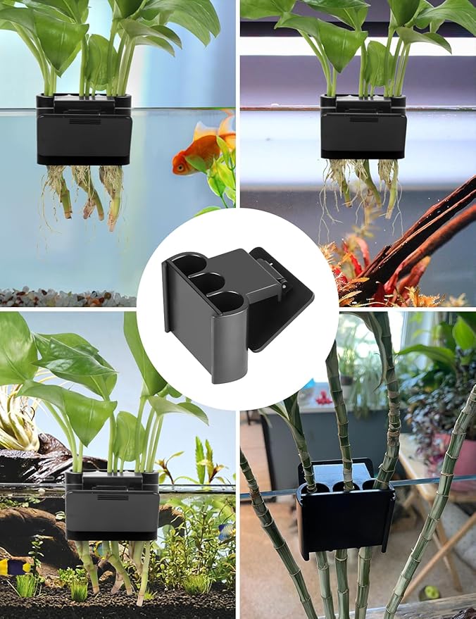 sogiv 3 Holes Aquatic Plant Cups, Hanging Aquarium Plant Holder, for Fish Tank Plants Potting, Aquascape Accessories Decorations, Black, 1 Pcs
