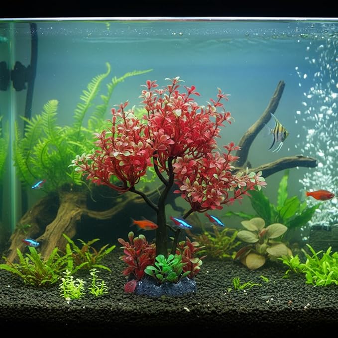 Mipukbay Aquarium Plants Tree - Red & Green Artificial Plastic Fish Tank Decor, Realistic Ornament Safe for Fish & Shrimp, Low-Maintenance Aquascaping Plants for Freshwater/Saltwater Tank Landscaping