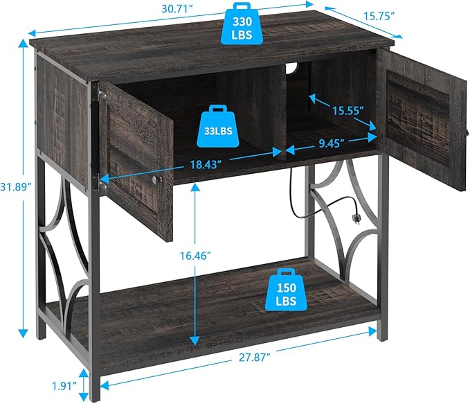 20-29 Gallon Fish Tank Stand, Aquarium Stand with Power Outlets &LED Light, Metal Frame Fish Tank Stand with Cabinet Accessories Storage, 30.7" L*15.7" W Tabletop, 330LBS Capacity, Dark Oak