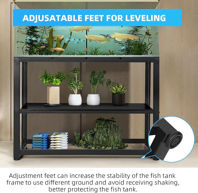 VOWNER 55-75 Gallon Fish Tank Stand - Metal Aquarium Stand, 48.4" x 14.9" x 29.5" Heavy Duty Reptile Tank Stand, Adjustable 2-Tier Fish Tank Rack Shelf for Home Office, Tank not Included, Black