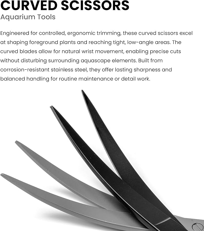 UNS Aquascaping Tools - Stainless Steel, Rust Resistant, Freshwater Planted Tank, Saltwater Reef Aquarium Maintenance Accessory - Trimming Stems & Carpets, Coral Cutting - Curved Scissors, Black