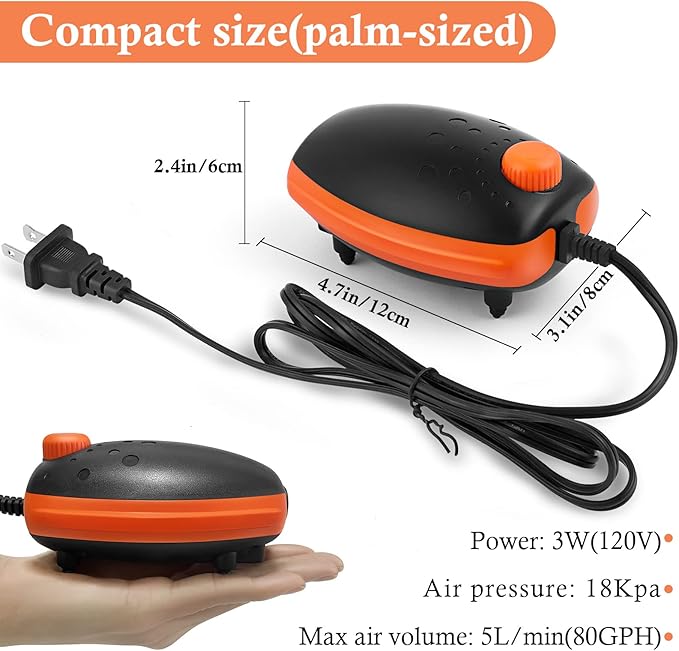HITOP 3W 80GPH Adjustable Aquarium Air Pump, Upgrade Quiet Oxygen Pump, Powerful Air Aerator for Fish Tank up to 120 Gallon