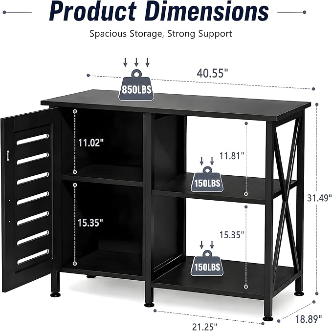 Herture 40-50 Gallon Fish Tank Stand, Aquarium Stand with Cabinet Accessories Storage, Heavy Duty Metal Frame, 40.55" L*18.89" W Tabletop, 850LBS Capacity, Black PG02YGB