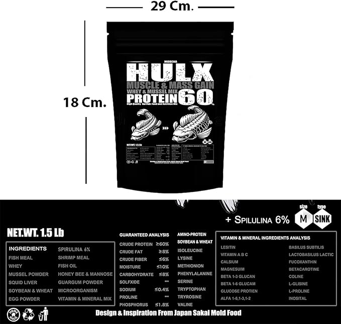 HULX Koi Fish Food Sinking Pellets for Big Muscle & Mass Weight Gain, Whey Mixed High Protein 60% Fast Growth Formula 1.3 Lb.(600 Gram.) 2mm, Healthy Nutrition Color Enhancer, Clear Water Pond Food