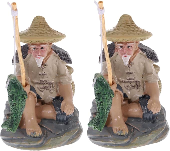Alipis 2pcs Fisherman Statue Aquarium Ornament Fishing Figurines for Fish Tank Garden Decor Sand Table Decoration Safe for Random Colors