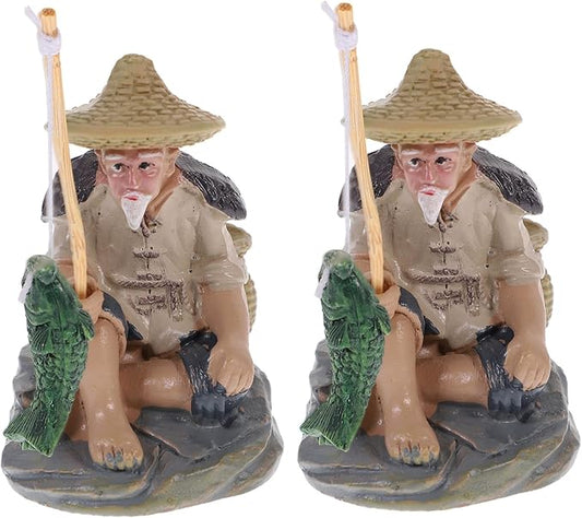 Alipis 2pcs Fisherman Statue Aquarium Ornament Fishing Figurines for Fish Tank Garden Decor Sand Table Decoration Safe for Random Colors
