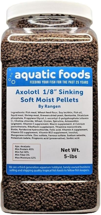 Axolotl Food 1/8" Soft Moist Sinking Salmon Pellets for Juvenile Axolotl Also Shrimp, Snails, Crabs, Crayfish, Bottom Tropical Fish...5-lb Lg Jar