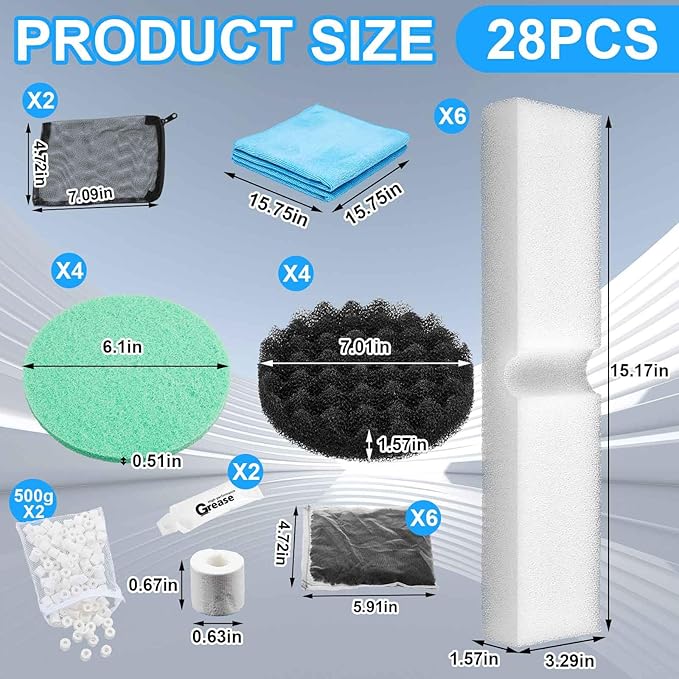 Threlaco 28 Pcs Aquarium Media Kit Compatible with Fluval Fx4/ Fx5/ Fx6 Filter, Carbon Foam Pad, Phosphate Remover Pads, Activated Carbon, Foam Block, Silicone Lube, Towels, Ceramic Ring, Mesh Bag