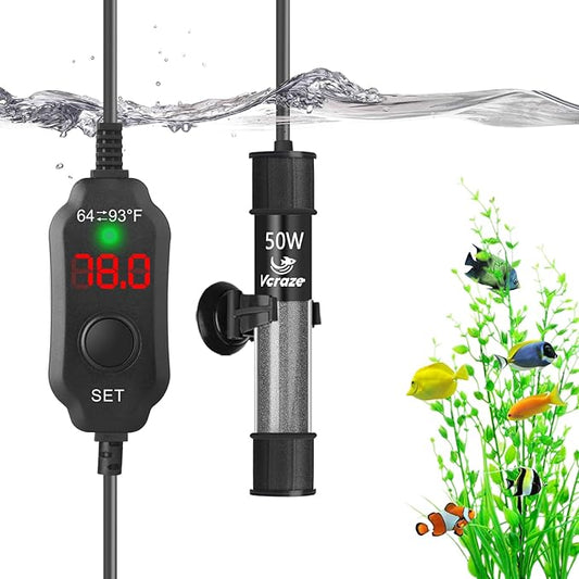 50W Compact Aquarium Heater for 5-10 Gallon Tanks | Super Short Submersible Fish Tank Heater with LED Digital Thermostat, Dry-Run & Overheat Protection, Memory Function