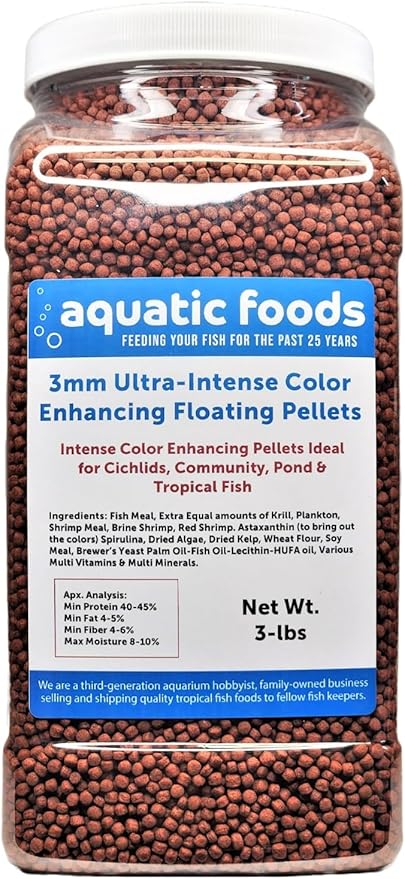 3mm Ultra-Intense Red Color Enhancing Floating Pellets for All Tropical Fish, Discus, Red Flower Horn, Red Parrot, All Fish, All Cichlids …3-lb Lg Jar