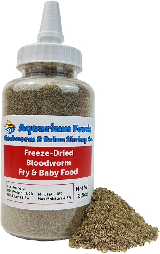 Freeze-Dried Bloodworm Powder & Particles for Tropical Fish Fry, Babies, Guppies, Tetras, Bettas, Nano Fish…2.5oz Squeeze Bottle