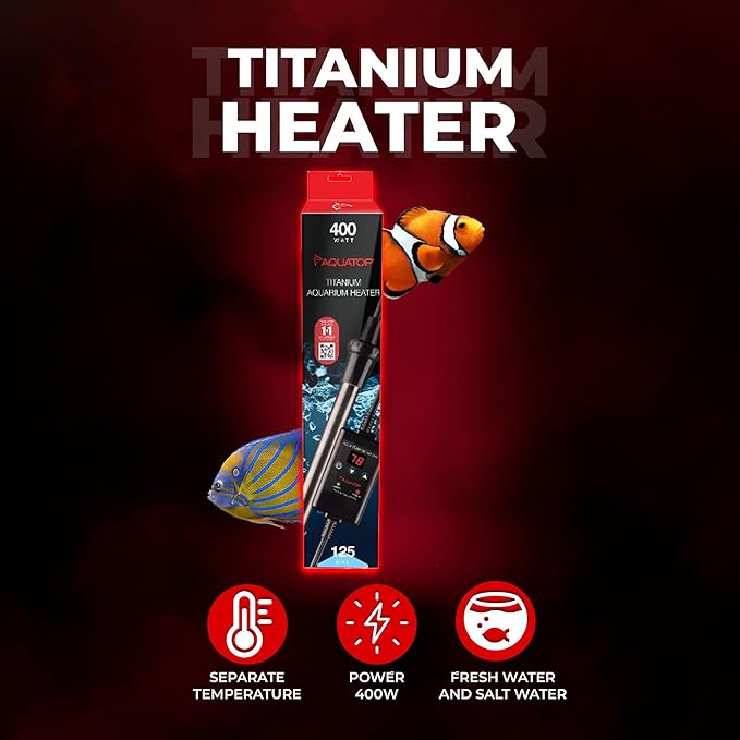 Aquatop 400W Titanium Heater with Controller – Fully Submersible - Up to 125 Gal – 68-92°F Adjustable Temperature – for Fresh and Saltwater – TH-C400