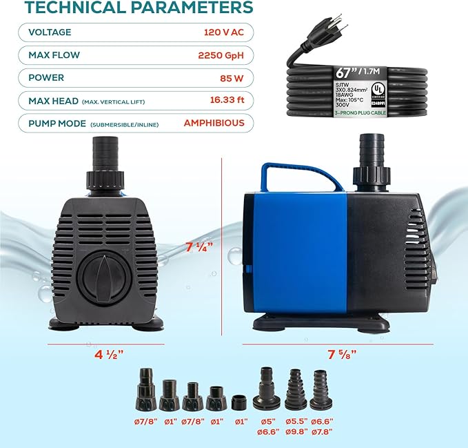 Aqua Dream 977 GPH Amphibious Water Pump - 85W Submersible or Inline External Pump with Corrosion Resistant Ceramic Shaft, 11.8ft Max Lift for Aquariums, Ponds, and Hydroponics - 6 Pcs