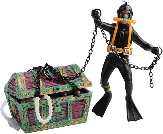 Action Aquarium Ornament, Undersea Treasure Chest Diver, Live-Action Aerating Fish Tank Decorations Resin