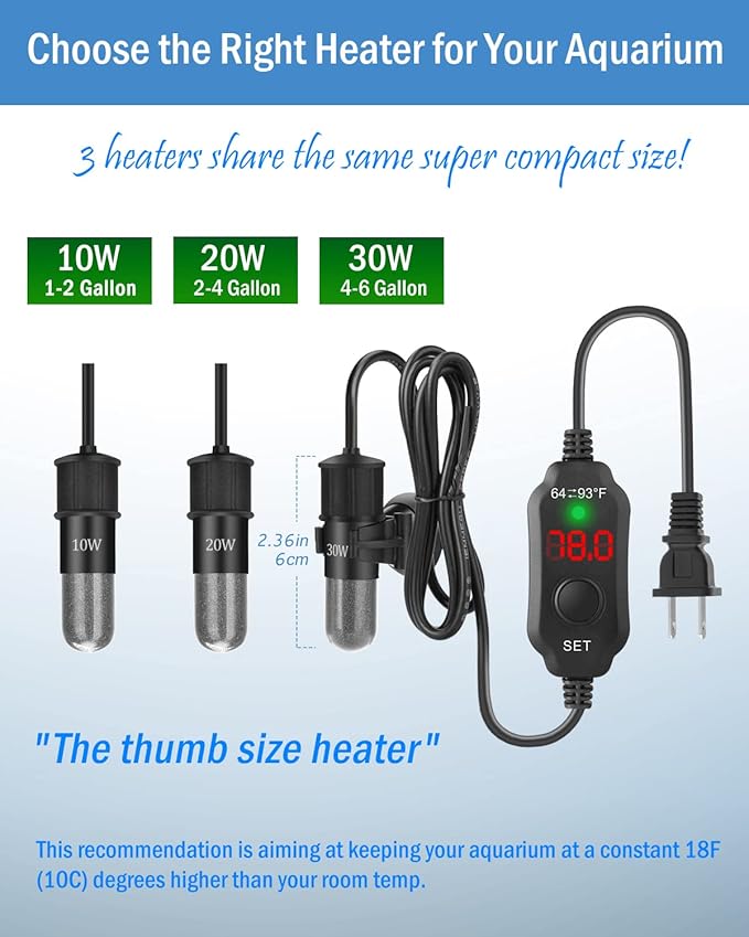 AquaMiracle Mini Aquarium Heater 20W Small Fish Tank Heater for 2-4 Gal Tanks, Digital Display Thermostat Betta Heater with Dry-Run & Overheat Protection, Memory Function