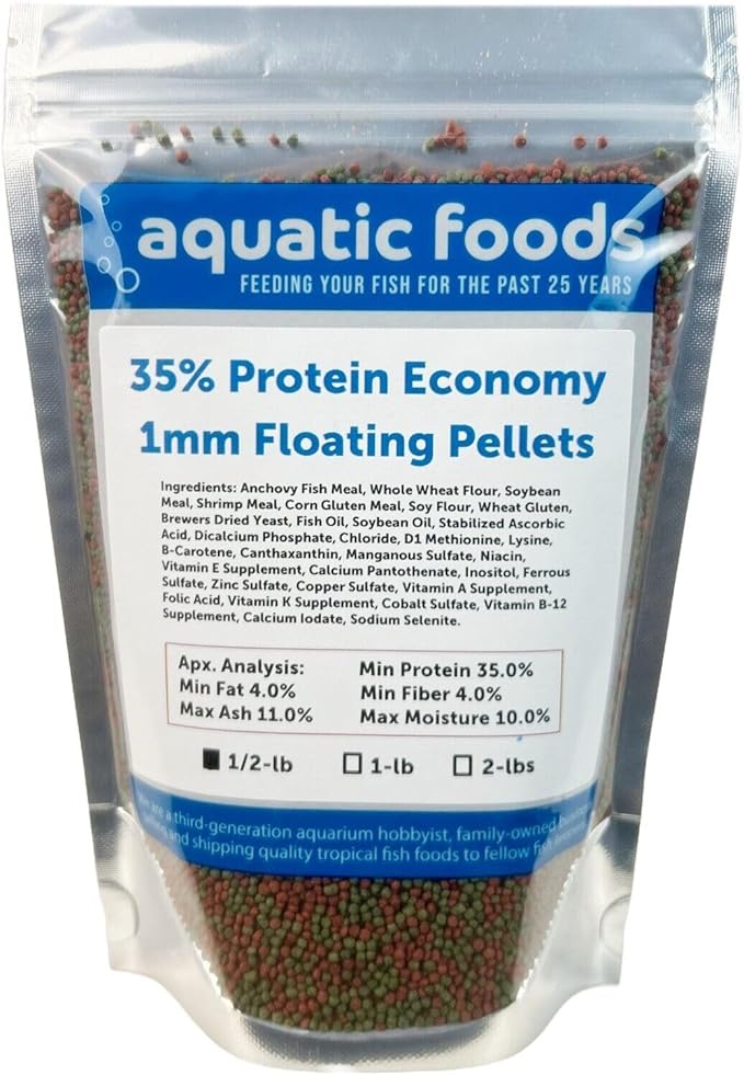 1mm - 1/32, 35% Protein Economy Floating Pellets for All Community Fish, Tetras, Guppies, Angel Fish, Cichlids, Goldfish. All Tropical Fish - WL…1/2-lb Foil Pouch Bag