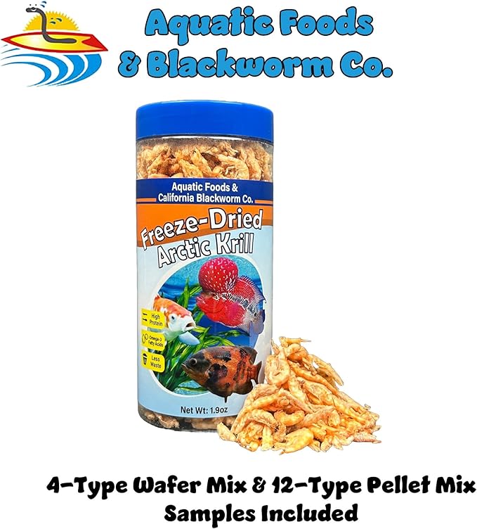 Arctic Krill, Freeze Dried Krill, High in Natural Color Enhancing for Large Cichlids, Tropical Fish, Koi, Turtles, 12-Type Pellet Mix & 4-Type Wafer Mix Included 1.9oz Canister