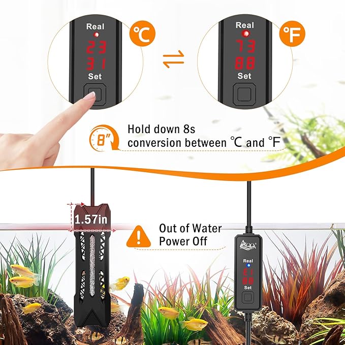 AQQA Small Aquarium Heater,Submersible Fish Tank Heater Adjustable Temperature,Mini Short Dual-use Fish Heater with LED Digital Display Thermostat,Saltwater Freshwater 200W