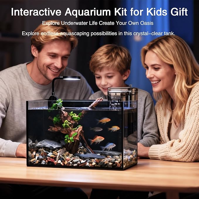 Nano Nature Aquarium Kit,2.8 Gallon Small Aquarium Set Glass Fish Tank with Waterfall Filter and Light for Beginners and Children to Keep Betta Fish, Goldfish, Shrimp, and Aquatic Plants