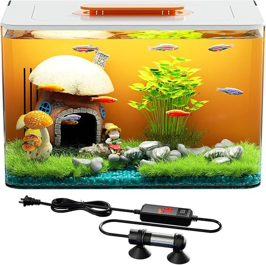 Betta Fish Tank Kit 2.5 Gallon Aquarium with Heater, Hidden Filtration, Light, Lid, Small Acrylic Tank for Beta, Shrimp, Guppy