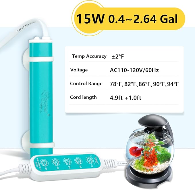 hygger Mini Submersible Aquarium Heater, Turtle and Betta Fish Tank Heater with Five-Key External Controller 78℉、82℉、86℉、90℉、94℉ for Freshwater Small Tank