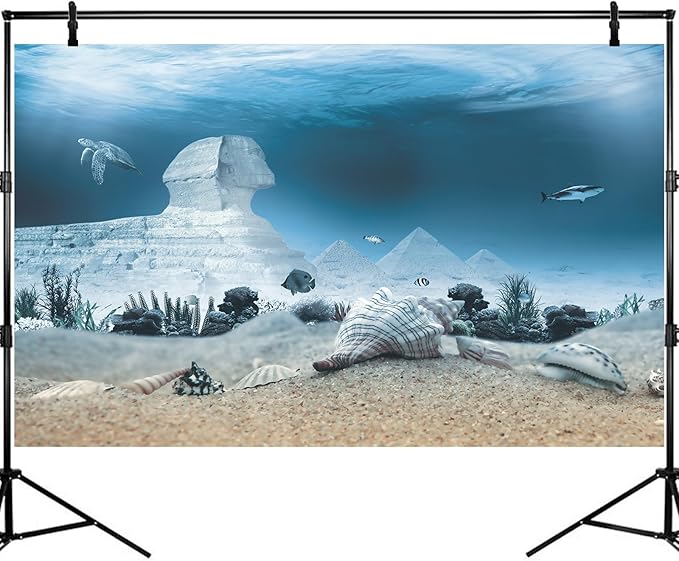Aquarium Background Underwater Egyptian Sphinx and Pyramids Fish Tank Background Ocean Sea Bed Shells Coral Turtle Shark Tropical Marine Life Terrarium Backgrounds for Tank Decors 36x24in