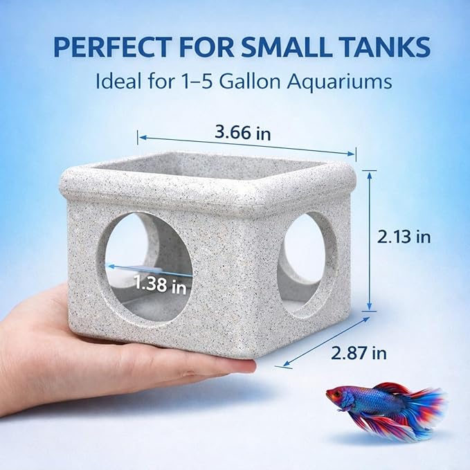 CPLIKE Marble Floating Betta Fish Hideout with Viewing Window & Round Holes – Floating Cave Hammock, Feeding Platform & Rest Tunnel – Betta Fish Shelter for Nano Tanks, Bowls & Small Aquariums