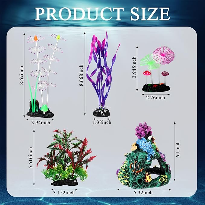Halloscume 5 Pcs Fish Tank Decorations Glow in the Dark Betta Tank Decorations Fish Aquarium Accessories Ornaments Colorful Coral Reef Decor Set Include Coral Reef, Water Grass, Lotus Leaf and Kelp